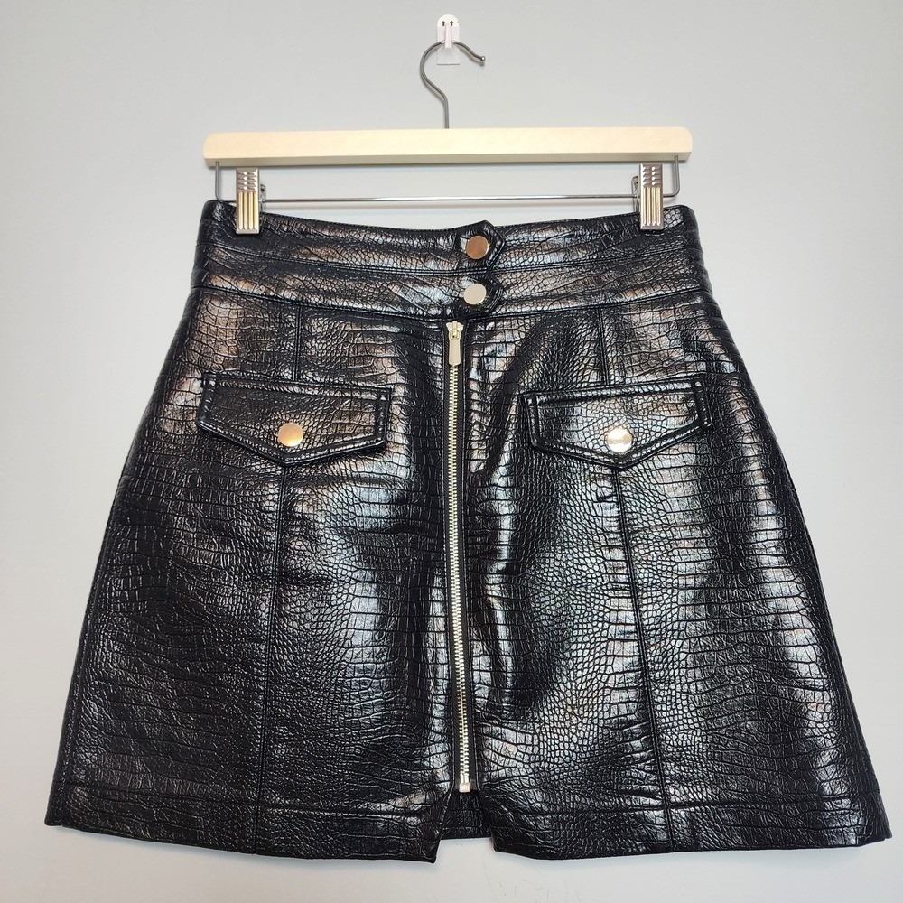 Topshop Croc Embossed Faux Leather Zip Front Mini Skirt Black Size 6